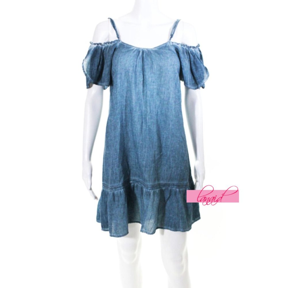 Queen & Pawn Off-The-Shoulder Chambray Cold-Shoulder Cut-Out Denim Jean Mini XS